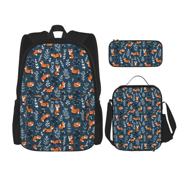 Lsque Playful Foxes Forest Blues Pattern School Bag Set -Backpack with Pencil Case and Lunch Bag,3-in-1 School Bag,Kids Backpack Set for Boys and Girls