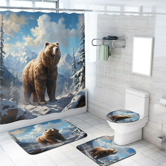 Bear 4 Pcs Shower Curtain Set Winter Forest Country Hunting Wild Animal Woodland Bath Curtain for Bathroom Waterproof Fabric Bathroom Decor Set, 72x72 Inch