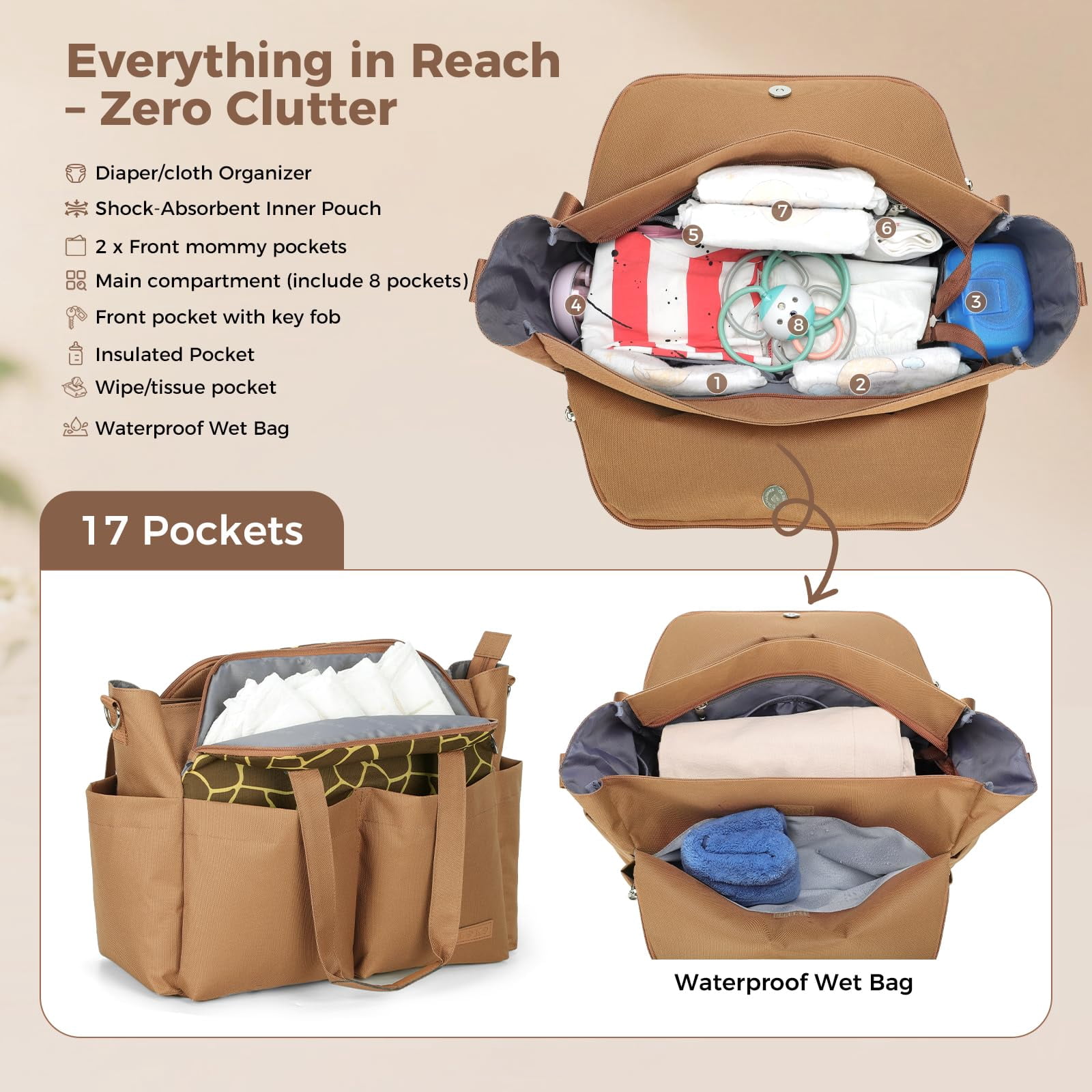 Diaper Bag Tote Large Waterproof with 17 Pockets Portable Changing Pad Crossbody for Mom Travel Hospital Baby Gift Brown