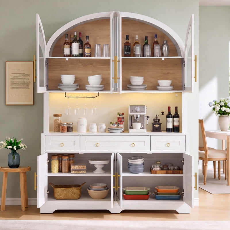 Arched Farmhouse Kitchen Pantry Storage Buffet with LED Light & Charging Station, Bar Cabinet Hutch with Drawers & Glass Holder