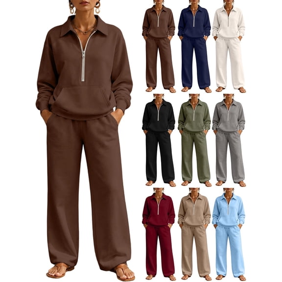 Women's Fashion Suits Collared Quarter Zip Sweatshirt with Pocket Wide Leg Trousers 2 Piece Outfit Casual Loose Tracksuit