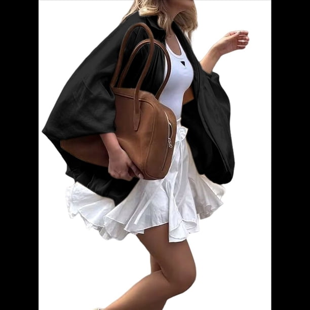 Chaqueta Acolchada para Mujer, Estilo Urbano, Holgada, Informal, con Mangas Murciélago, Solapa, Plisada y Cremallera. Negro M