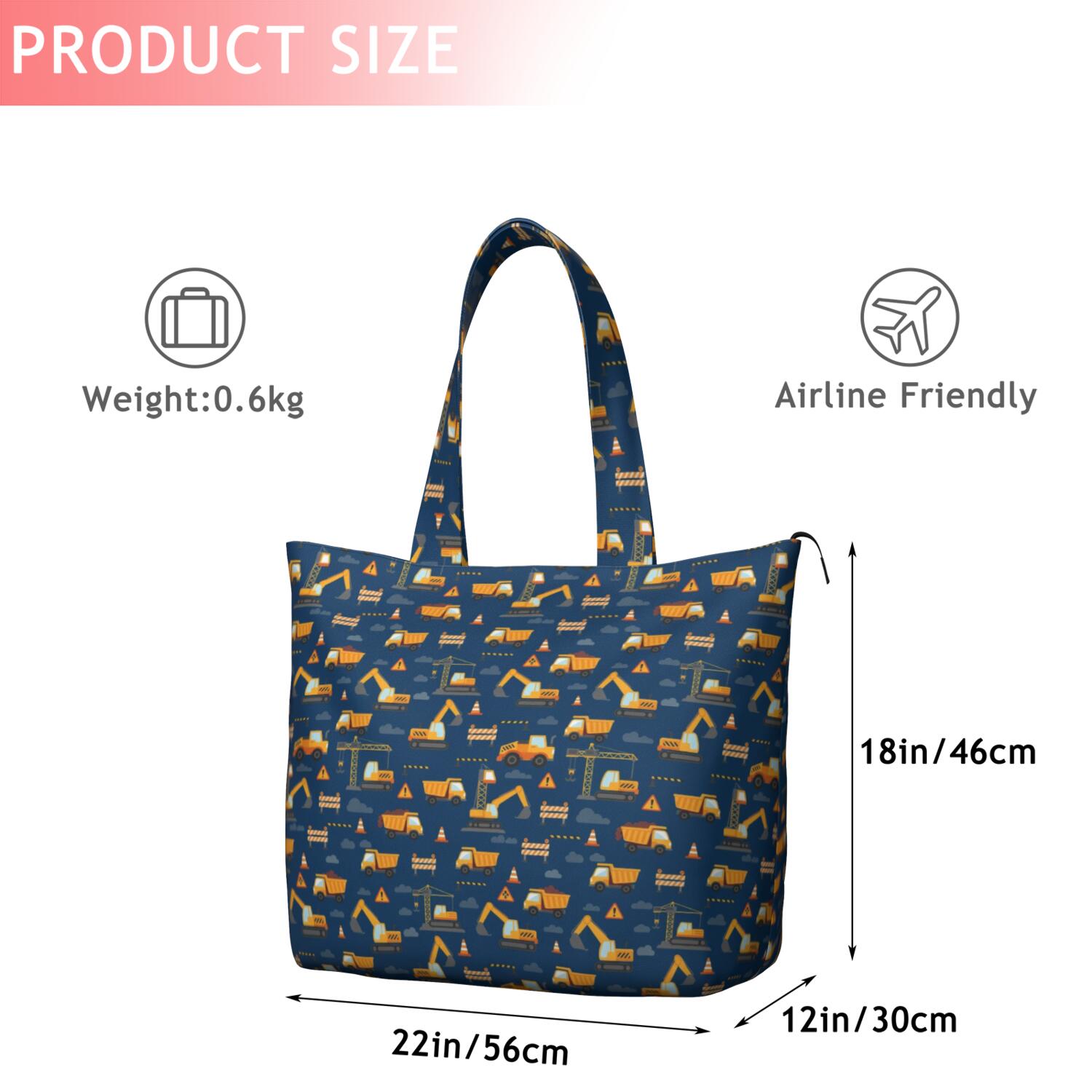 Cartoon Construction Vehicles Barriers Travel Tote Bags for Women Carry On,Large Weekender Bags for Women Travel,Multi Functional Duffle Bag for Work,Shopping,Sports