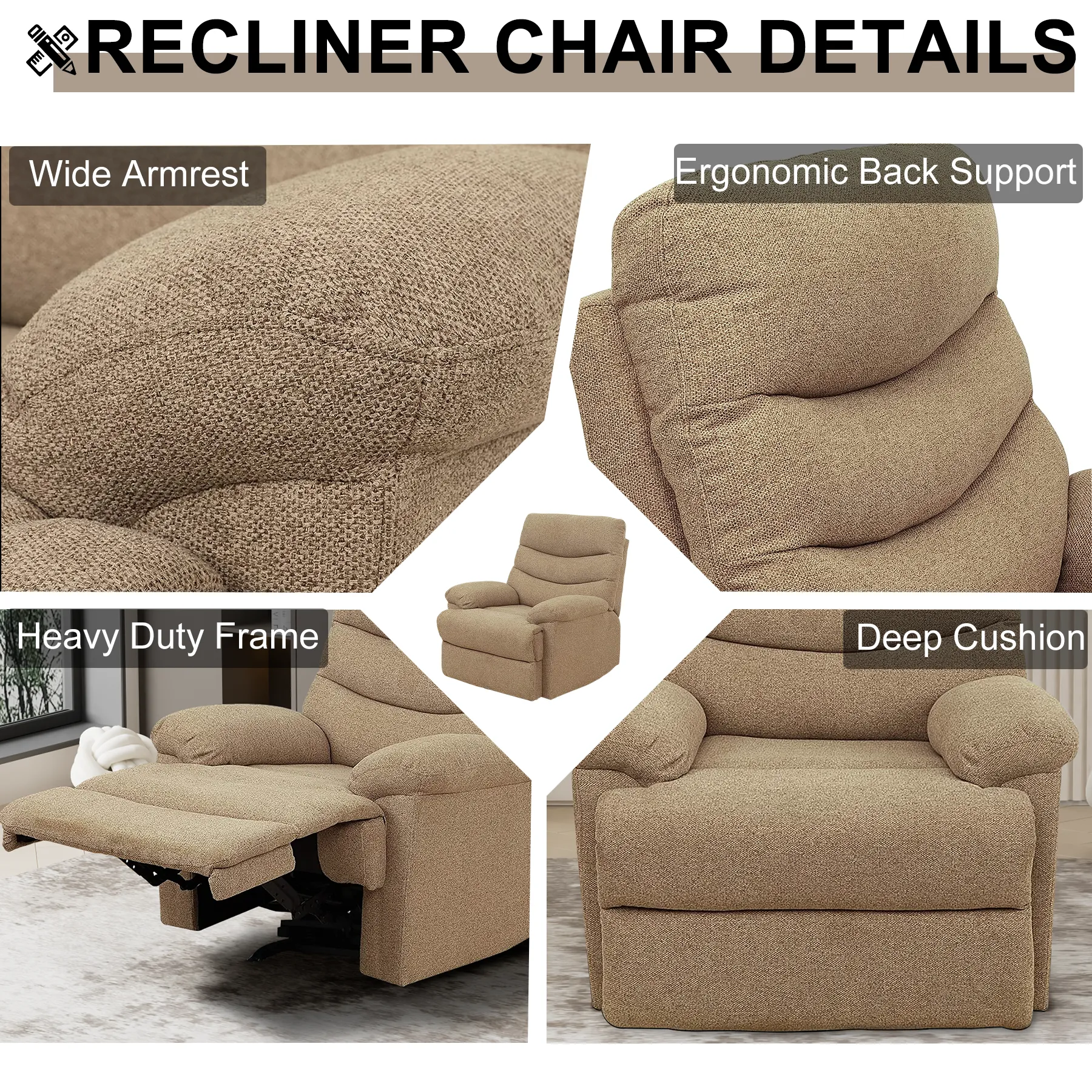 Nathaniel Home, 2pcs Accent Chair Sets, Recliner Chair with Side Table, Mocha Brown Single Manual Reclining Sofa, Snack C-Shaped Table, Round End Tables