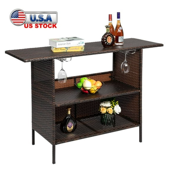 Tcbosik Patio Bar Table, Outdoor Rattan Counter Height Table with Storage Shelves and Wine Racks for Party Picnic, Brown