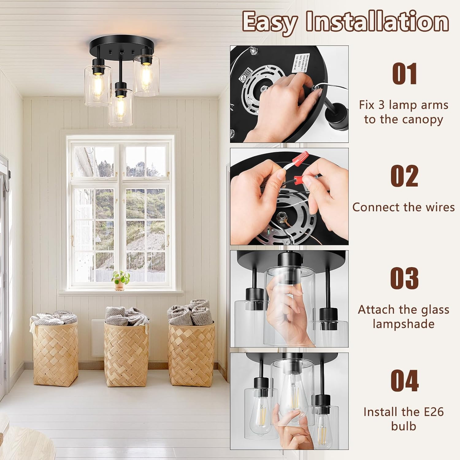 Licperron Farmhouse 3-Light Black Flush Mount Ceiling Light Fixtures with Clear Glass Shades