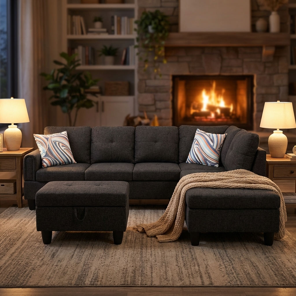 Prilinex L Shaped Couch Sectional Couches with Chaise and Storage Ottoman, 3 Pieces Modern Linen Sofa for Living Room Furniture Sets and Small Apartment, Black Grey
