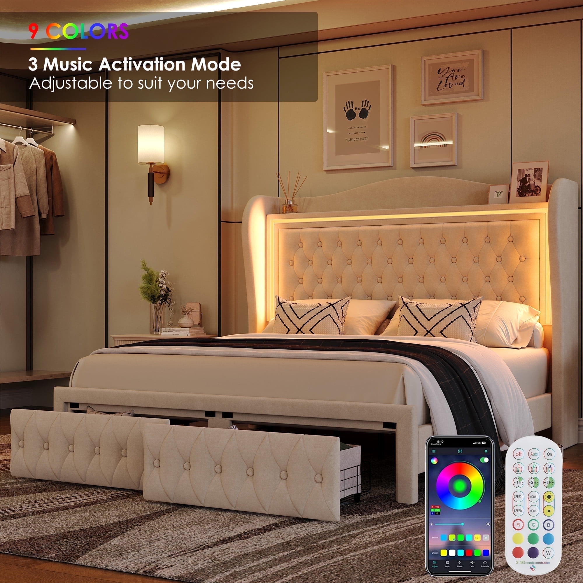 Homfa Queen Size LED Bed Frame with Storage Drawers, 54in Tall Velvet Upholstered Headboard Platform Bed with Wingback Buttons Headboard, Beige