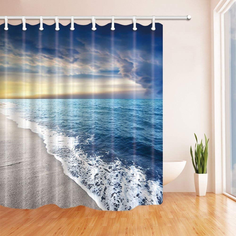 BPBOP Nature Scenery Ocean Beach Against Blue Sea Polyester Fabric Bath