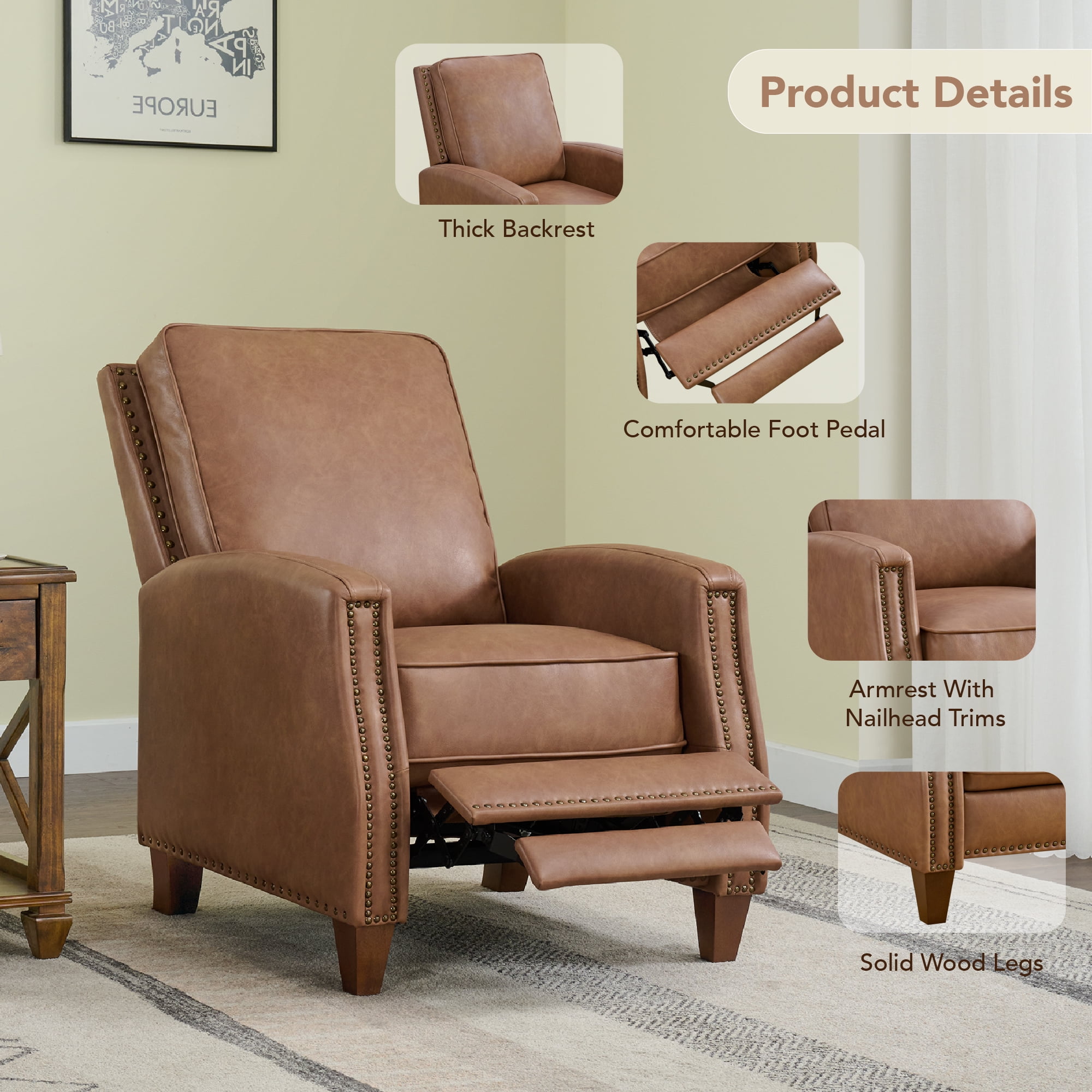 CHITA Recliner Chairs for Adults Single Sofa Chair for Living Room Faux Leather Push Back Recliner,Saddle Brown