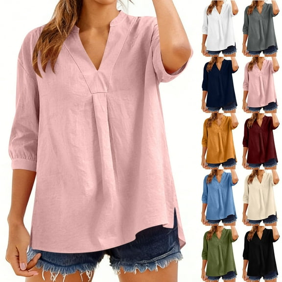 YanHoo Womens Blouses 3/4 Sleeve Spring Tops Loose Fit V Neck Shirts Dressy Casual Summer Cotton Linen Basic Tee Tshirt White,XL
