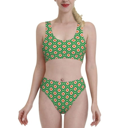 Bixox 60s and 70s Style Pattern Two-Piece Sports Bikini with U-Shaped Top and High-Waist Bottom - Women s Swimwear with Removable Bra Pads