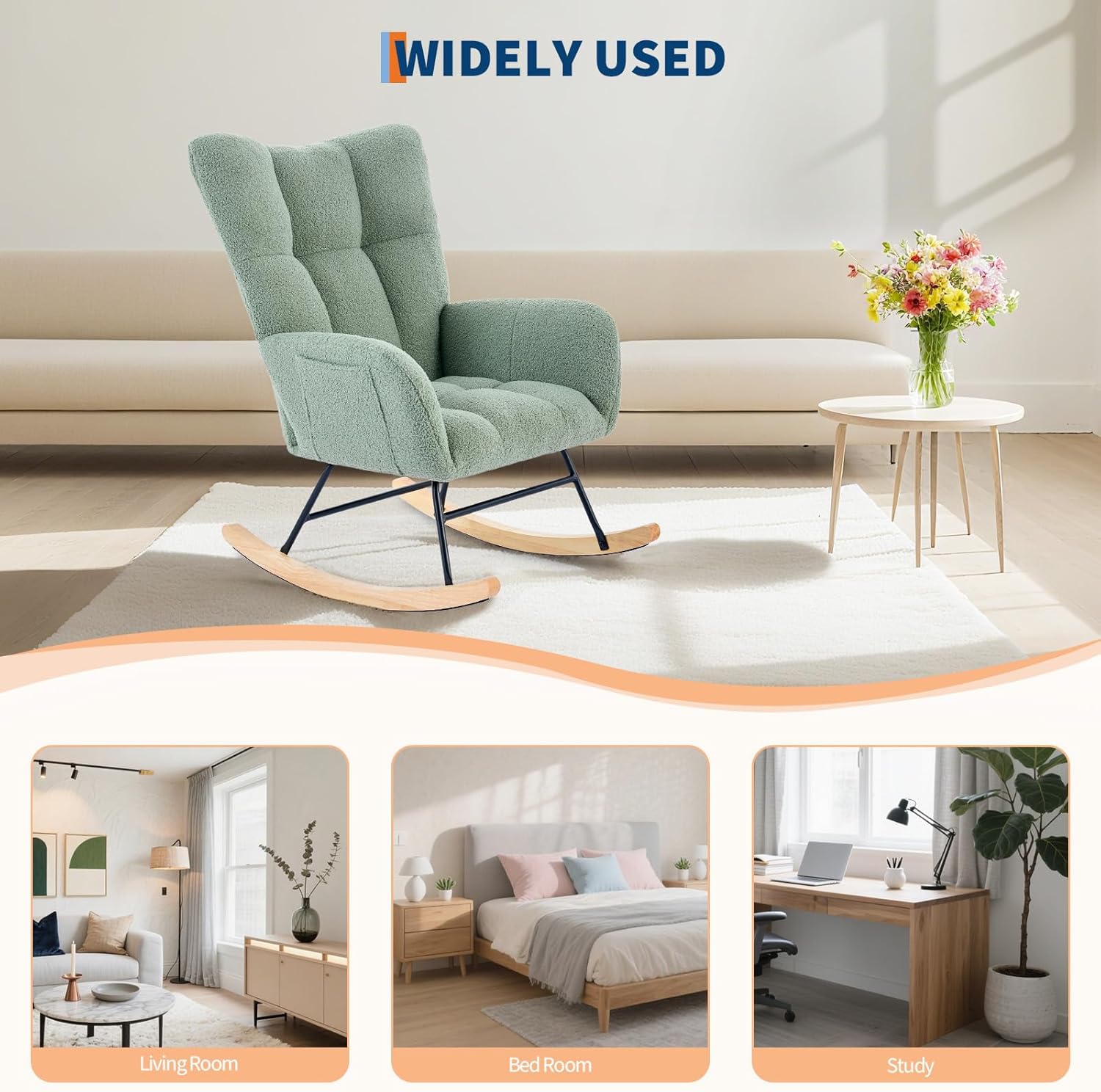Rocking Chair Nursery Teddy Upholstered Baby Fluffy Glider Rocker for Adults Small Spaces Indoor Nursing Chair for Living Room Bedroom Classroom Beige Comfortable Durable Stylish-Green