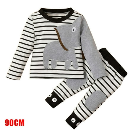 

Journey Baby Boy Girl Outfit Set Elephant Print Long Sleeve Tops and Striped Long Pants(Gray 90cm)