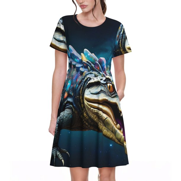 Easygdp Starry Sky Colorful Crocodile para Vestido Transpirable de Mujer, Vestido Suelto de Manga Corta con Pliegues y Bolsillos para el Verano