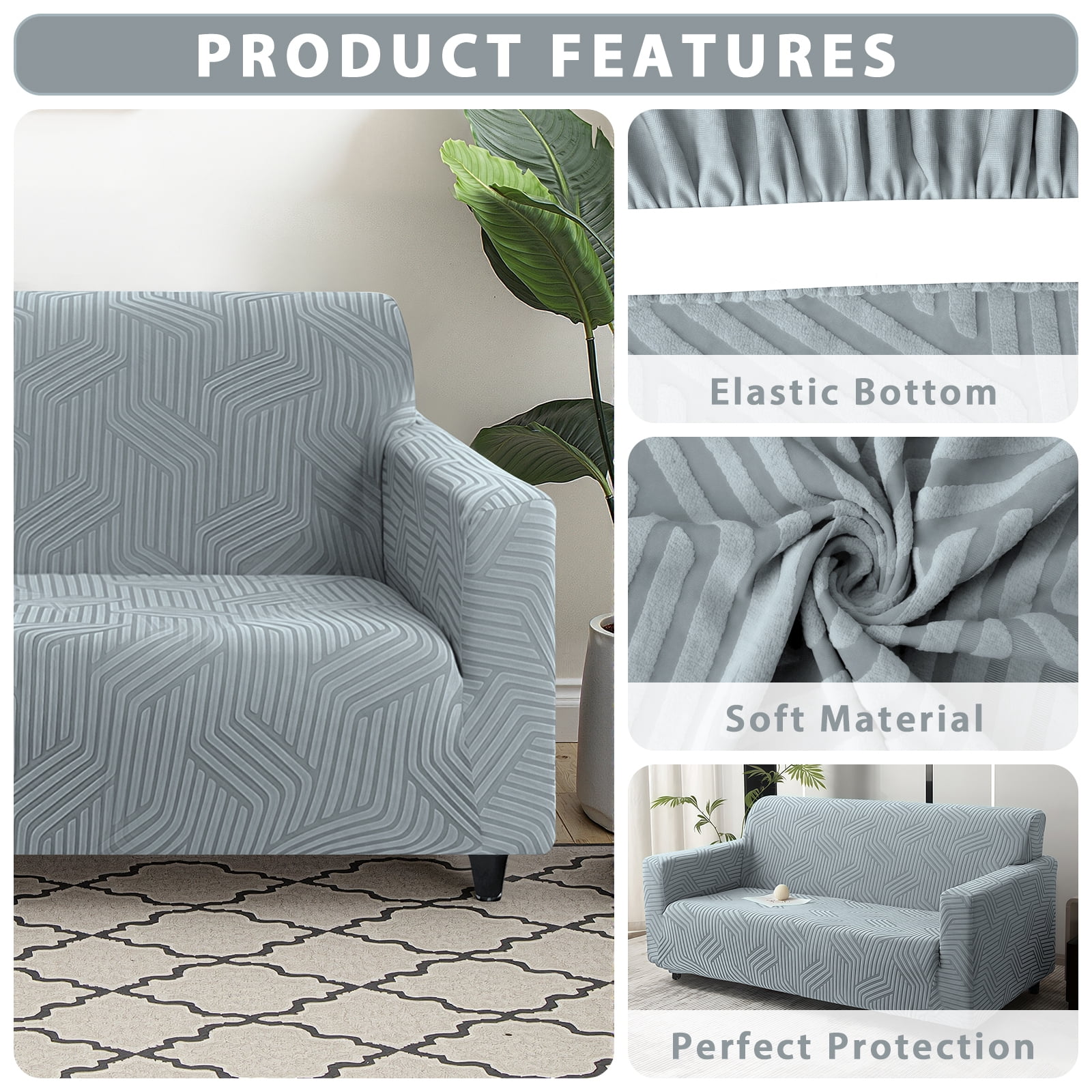 MJIAexp (71"-91") Stretch Sofa Cover Slipcover,Couch Covers for 3 Cushion Couch Sofa with sofa armrest,Pet Friendly Furniture Protector Sofa with Elastic Bottom for Kids,Jacquard lines(Light gray)