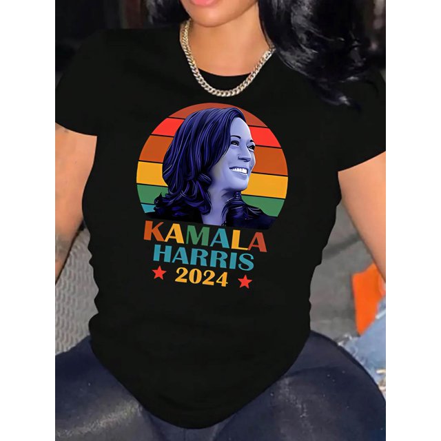 Camiseta gráfica de la campaña Kamala Harris 2024 para mujer: estampado de retrato vibrante y colorido, camiseta informal de cuello redondo y manga corta, algodón cómodo, ideal para verano y deportes,