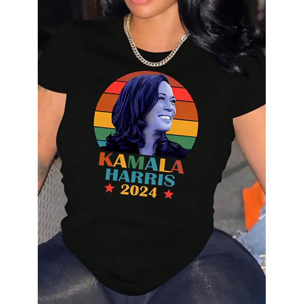 Camisetas de manga corta con estampado para niñas y niñas, de algodón, cómodas para uso diario, playera simple de veranoKamala Harris 2024 Campaign Graphic Tee for Women - Vibrant Colorful Portrait