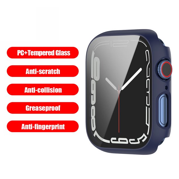 PC+Caja protectora de reloj de vidrio templado para iWatch 7 45 mm (azul medianoche)
