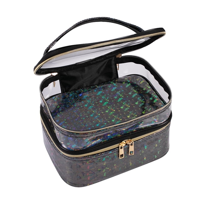 Bolsa de cosméticos portátil de doble capa, bolsa de maquillaje de viaje, organizador transparente multifuncional para niñas y mujeres Negro Sunnimix Neceseres
