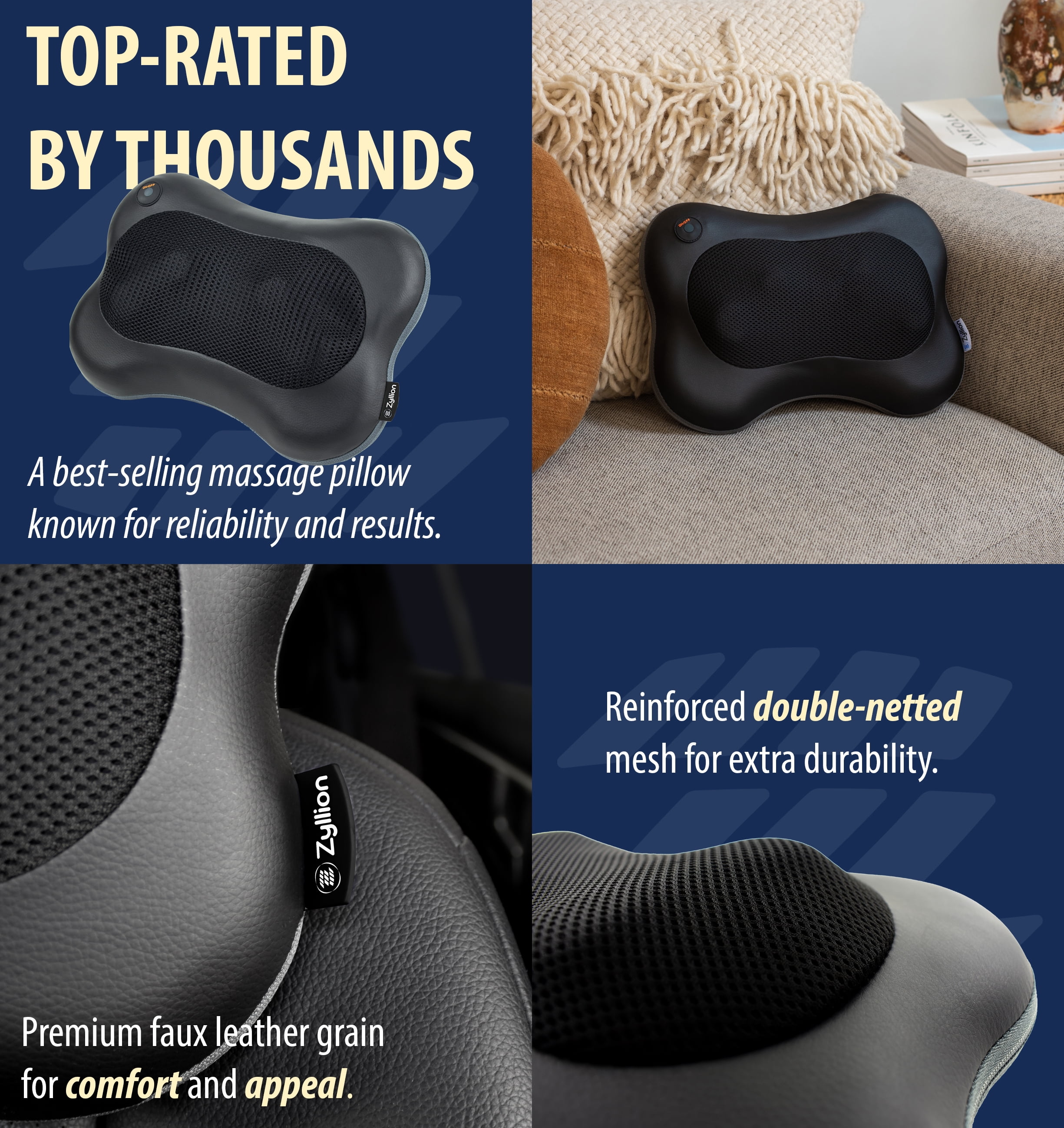 Zyllion Rechargeable Shiatsu Back & Neck Massager 3D Kneading Cordless Massage Pillow with Heat for Muscle Pain, Black