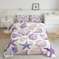 Starfish Seashell Comforter Set Full,Purple Coastal Animal Bedding Sets,Sea Shell Conch Quilted Duvet,Ocean Sea Life Down Comforter Summer Themed Bedroom Decor with 2 Pillow Cases