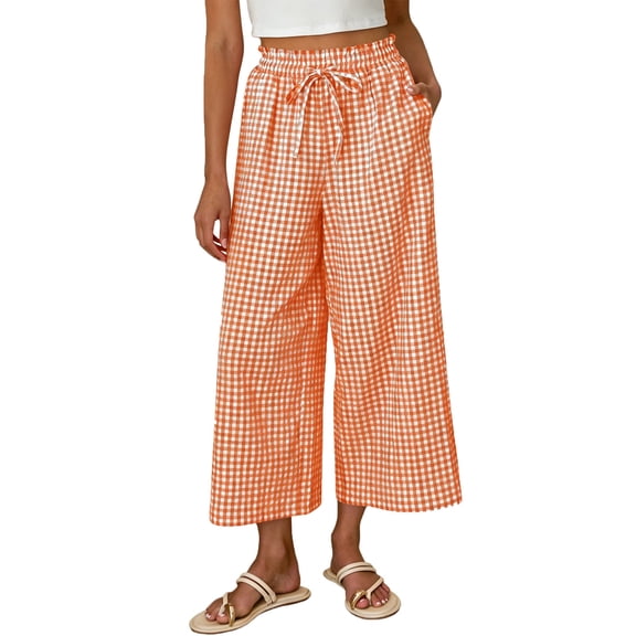 SuTry Womens Wide Leg Capri Pants Ruffled Elastic Drawstring High Waist Hidden Side Inseam Pockets Classic Gingham Check Print Summer Beach Home Casual Wear Trousers