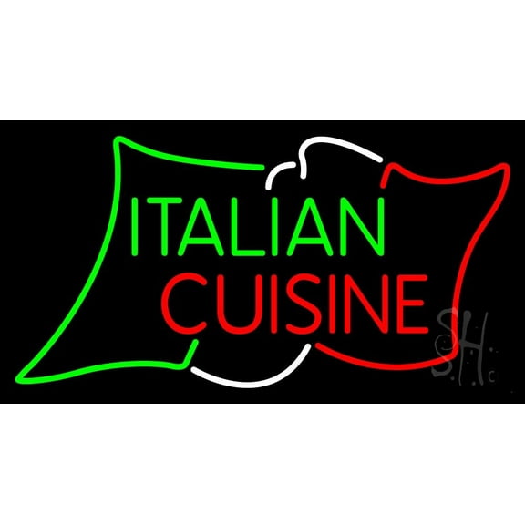 Green Red Italian Cuisine LED Neon Sign 20 x 37 - inches, Black Square Cut Acrylic Backing, with Dimmer - Bright and Premium built indoor LED Neon Sign for restaurant window and interior decor.