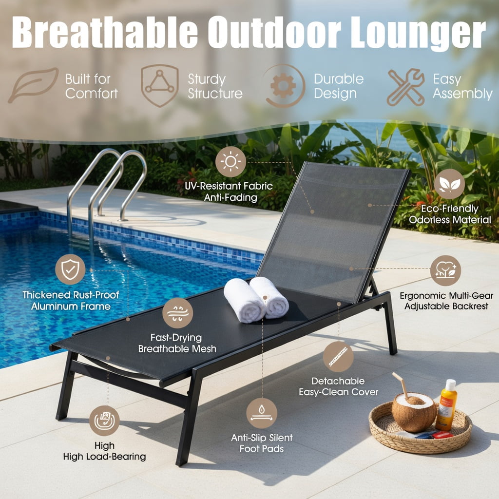 Hommoo 6-Position Adjustable Outdoor Chaise Lounge Chair, Heavy-Duty Steel Frame, Rustproof & Quick-Dry Fabric, Poolside & Backyard Recliner, Black