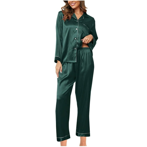 AKOEE Satin Silk Pajamas for Women Set Button Down Soft Cozy Sleepwear Long Sleeve Home Nightwear Shirt and Pant (L, Green)