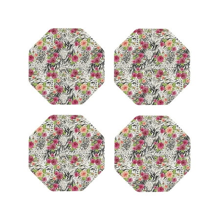 

Matuu Roses Mixed Zebra for Cup Coasters Set of 4 Leather Coasters Desk Coasters for Office Measures 4” x 4”-Octagon
