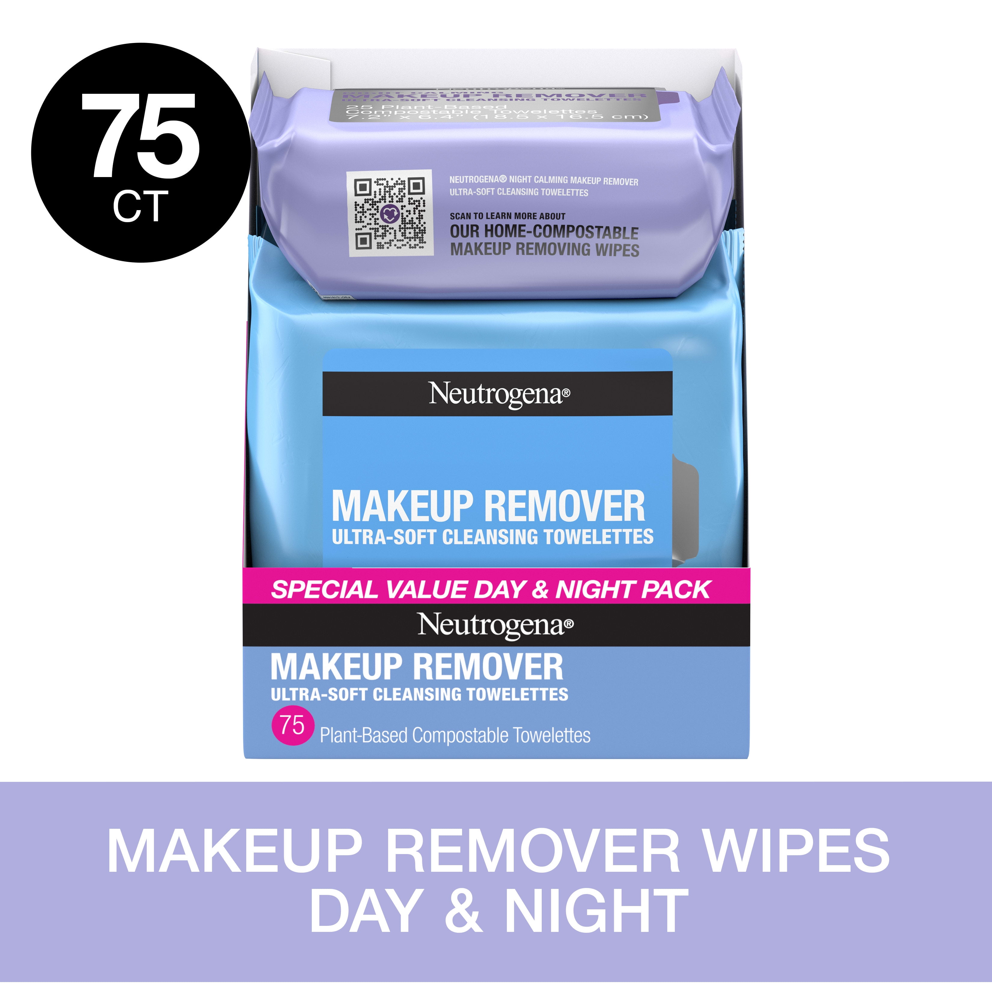 Neutrogena Day & Night Ultra-Soft Face Wipes, 3 Packs of 25 ct, 75 ct