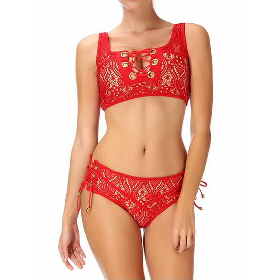 SAYFUT Fashion Women's Swimsuit Set High Waisted Bottom Lace Print Two Piece Bikini Swimsuit Swimwear White/Red/Back
