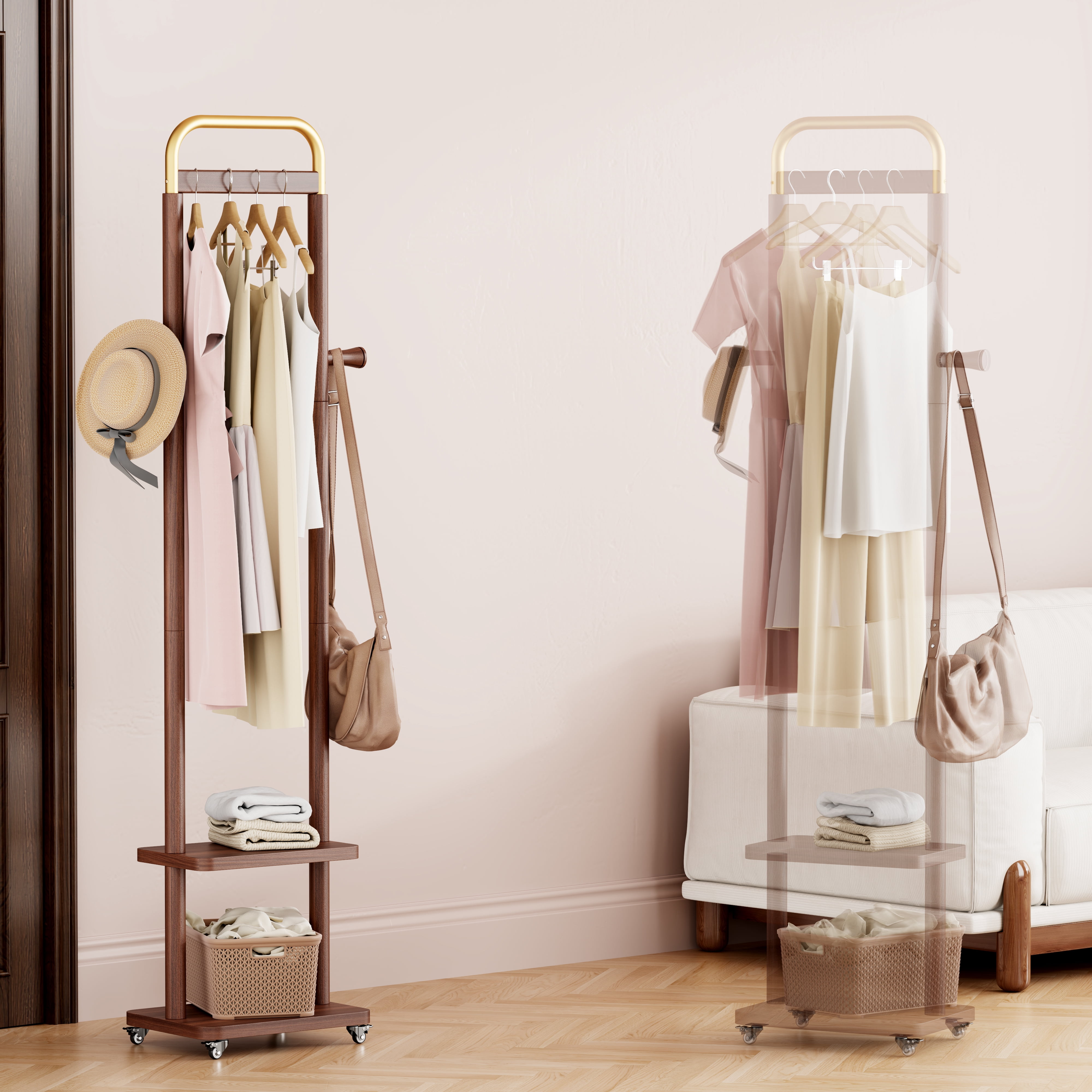 HOQBN 71"H Coat Racks Solid Wood Hanger with Wheel,Easy to Assemble for Bedroom,Hallway,Living Room,Walnut