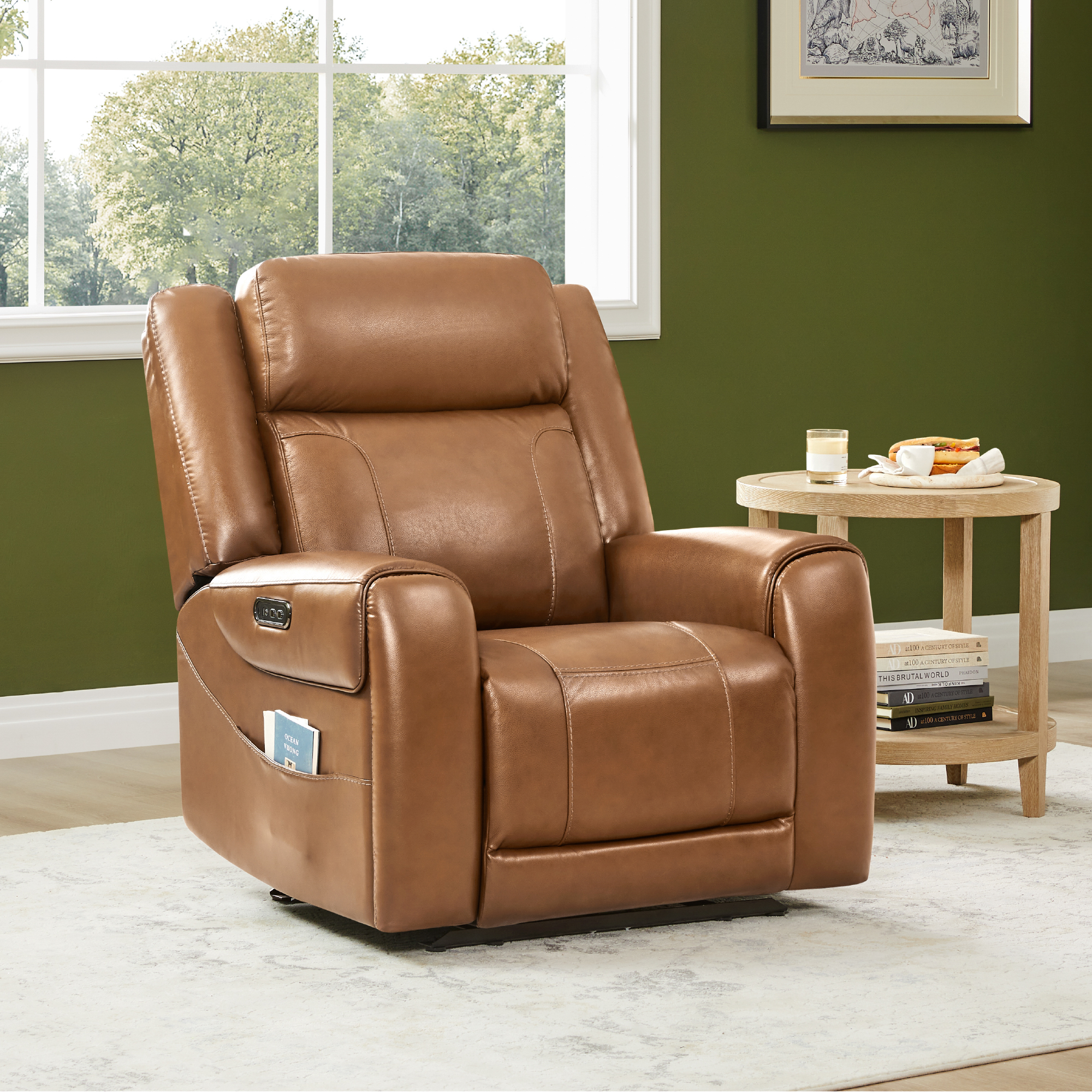Spruce & Spring Wall Hugger Genuine Leather Power Recliner with Headrest, Saddle