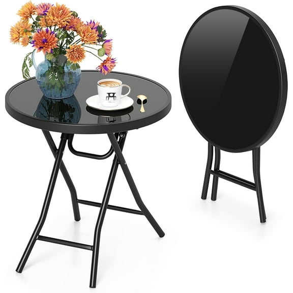 NALYL Round Folding Side Table, 18 Inch Patio Coffee Table with Tempered Glass Tabletop and Metal Frame, Indoor Outdoor Small Side Table for Yard, Balcony, Porch, Poolside (Black,1)