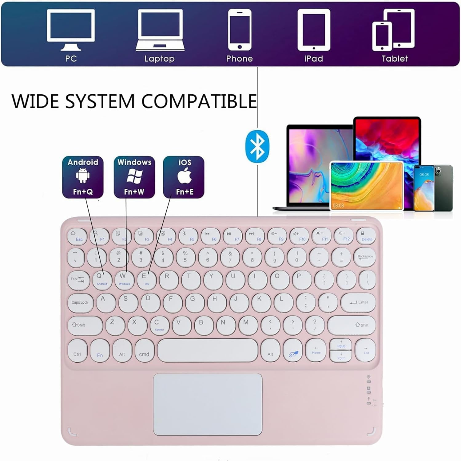 Portable Wireless Bluetooth Keyboard with Touchpad, Ultra-Thin Rechargeable Bluetooth Keyboard Mini with trackpad Round Key for iPad pro/iPad/iOS/Android (Pink)