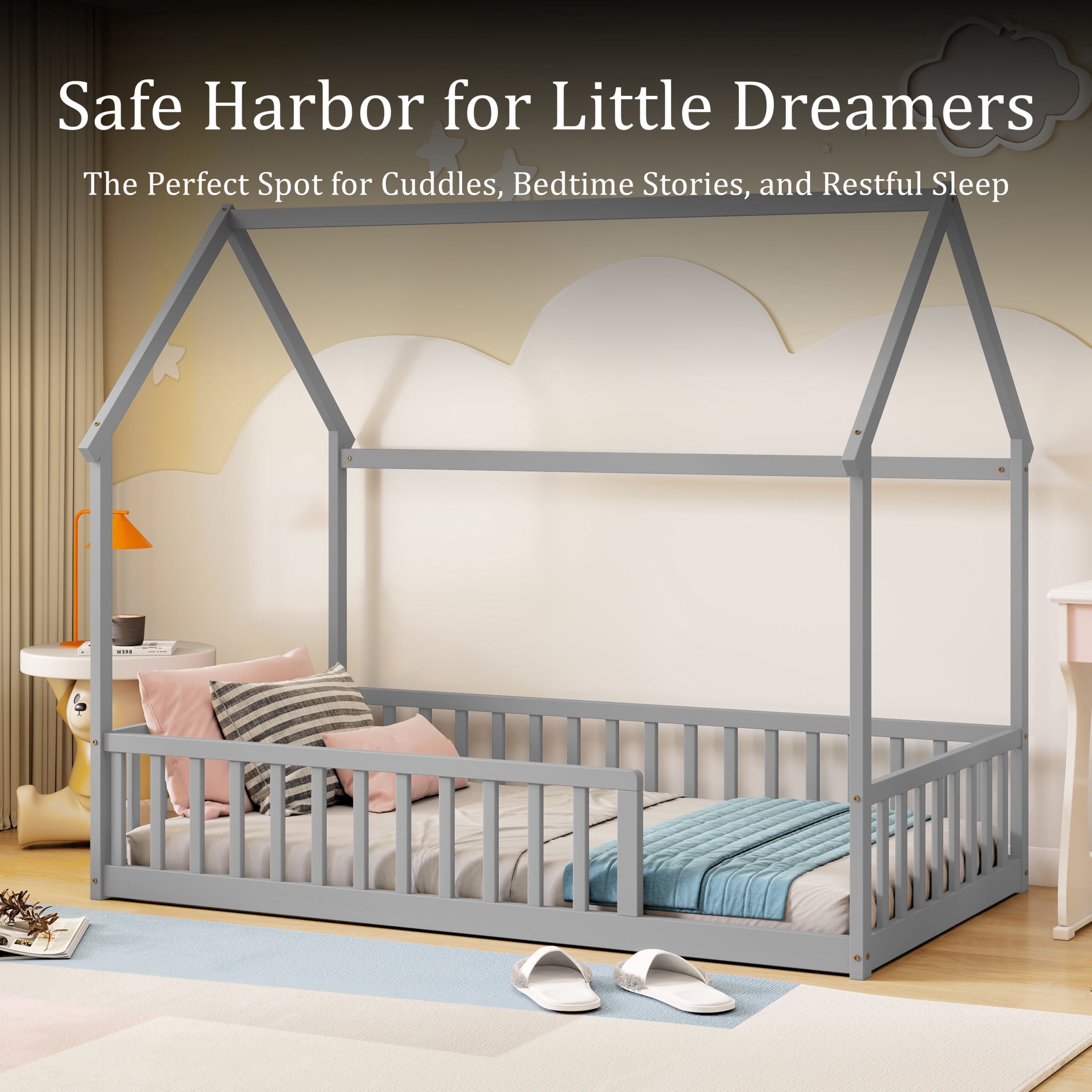 Noble House Morde Twin Size House Floor Bed with Gable Roof Frame & Safety Guardrails, Pine Wooden Bed Frame, Grey