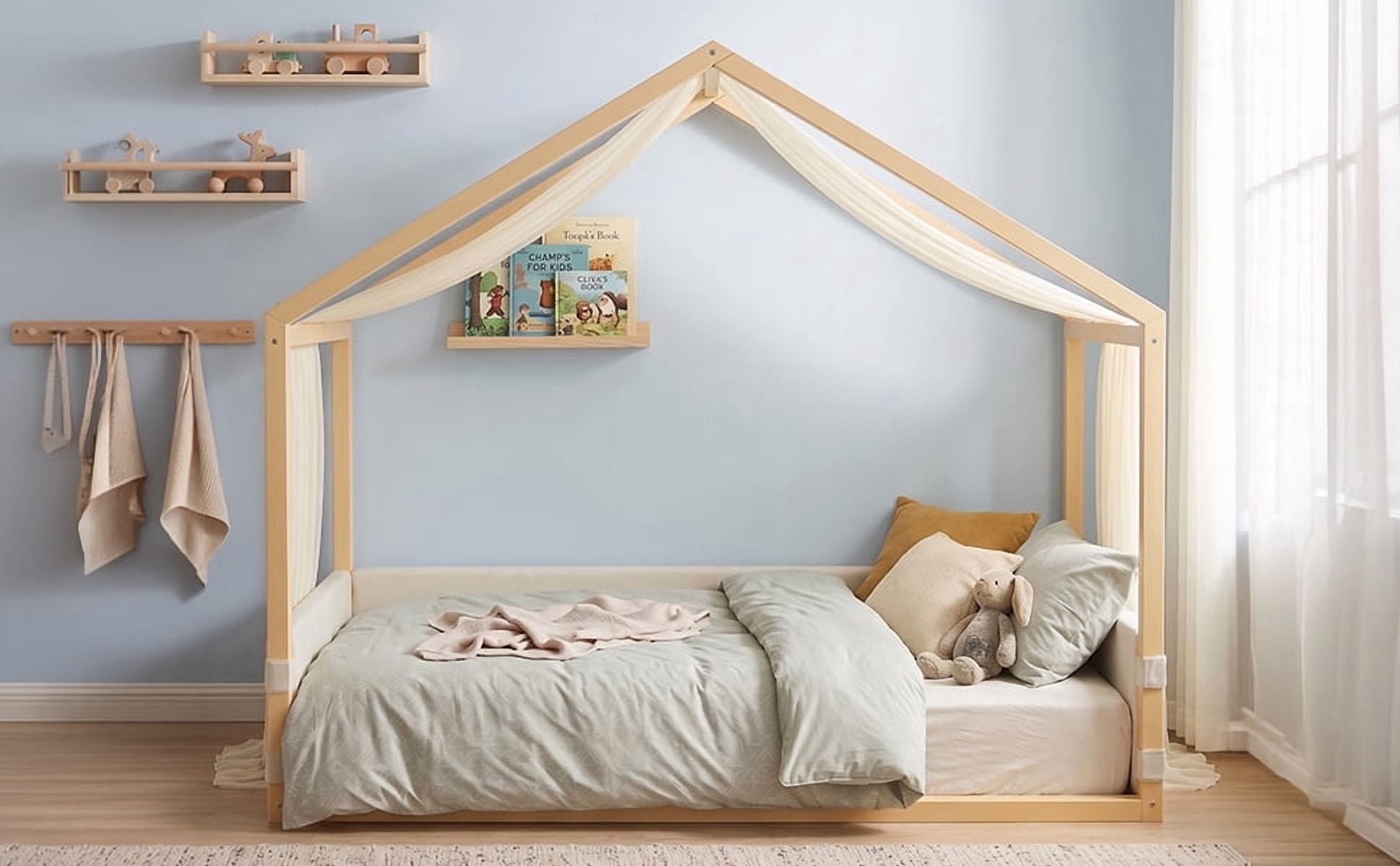 Mintazer Twin Size Montessori House Floor Bed with Breathable Gauze Canopy & Velvet Upholstered Side Guard Panels, Low Platform Kids Playhouse Bed Frame for Bedroom Guest Room, Natural