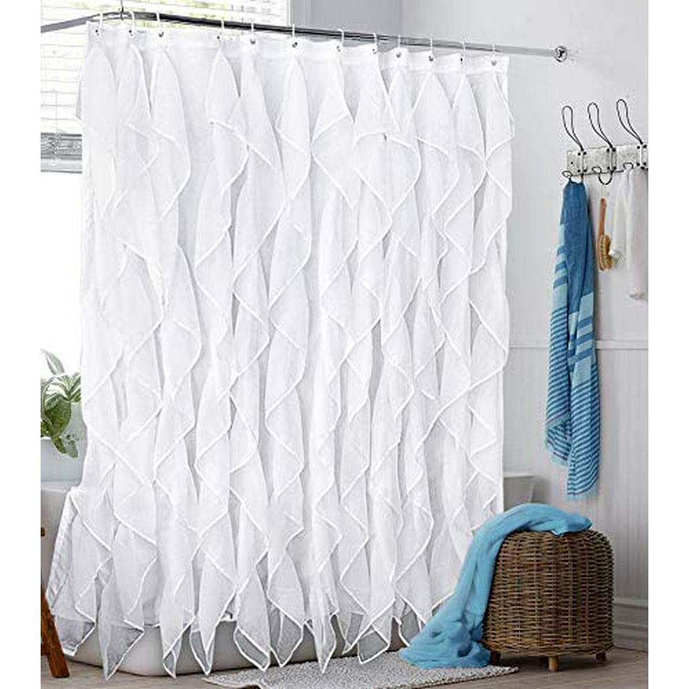 Reisen White Ruffle Shower Curtain Fabric / Cloth Farmhouse Bathroom