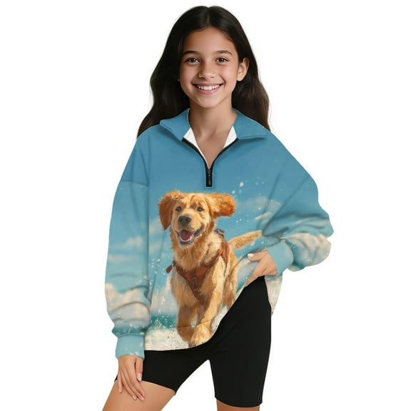 Xoenoiee Golden Retriever Print Oversized Sweatshirt for Girls Teens Half Zip Pullover Long Sleeve Tops Stand Collar Sweater Tunic Tops，Size 5-6 Years
