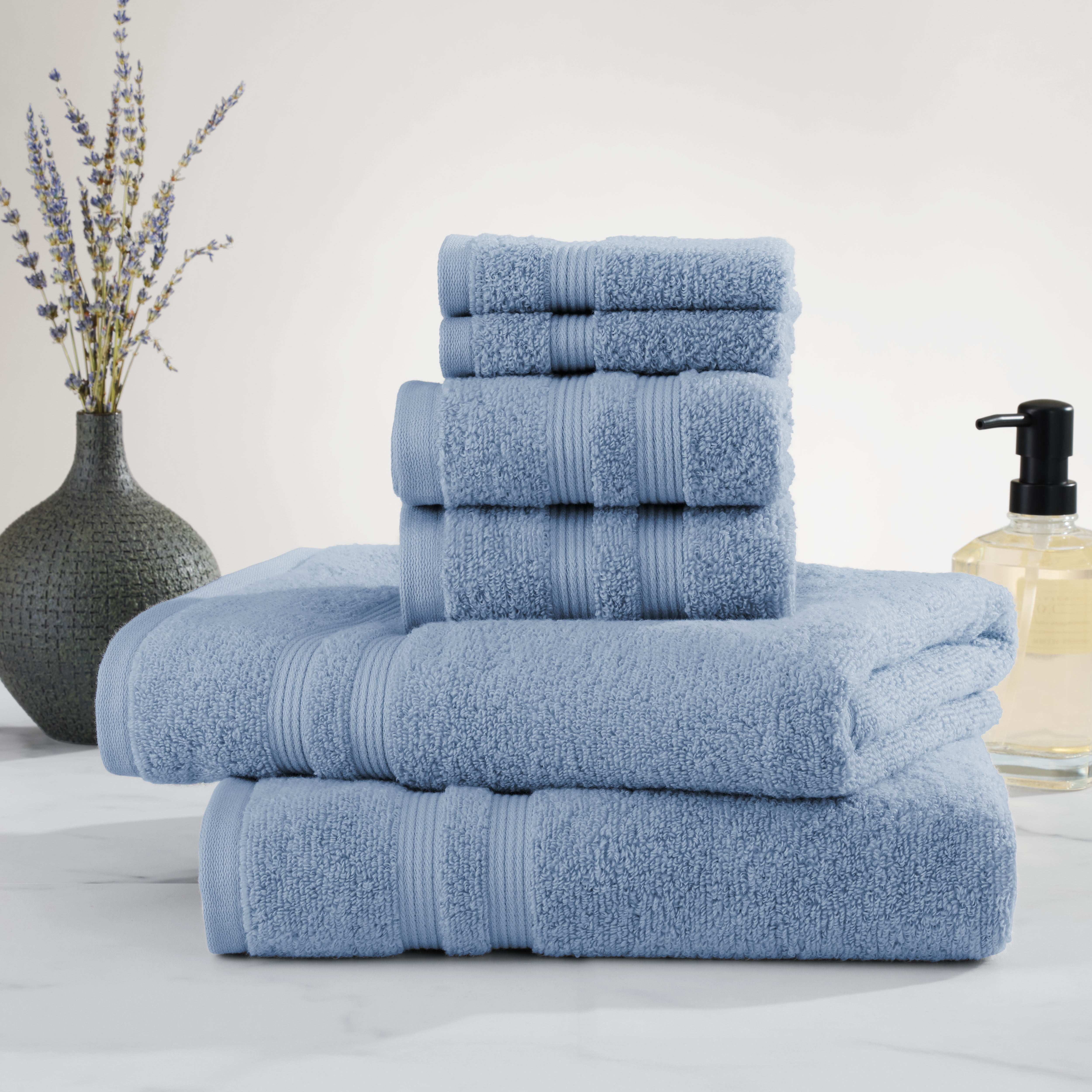 Mainstays Performance Cotton 6-Piece Bath Towel Set, Super Soft Quick Dry Fade Resistant, Solid Blue