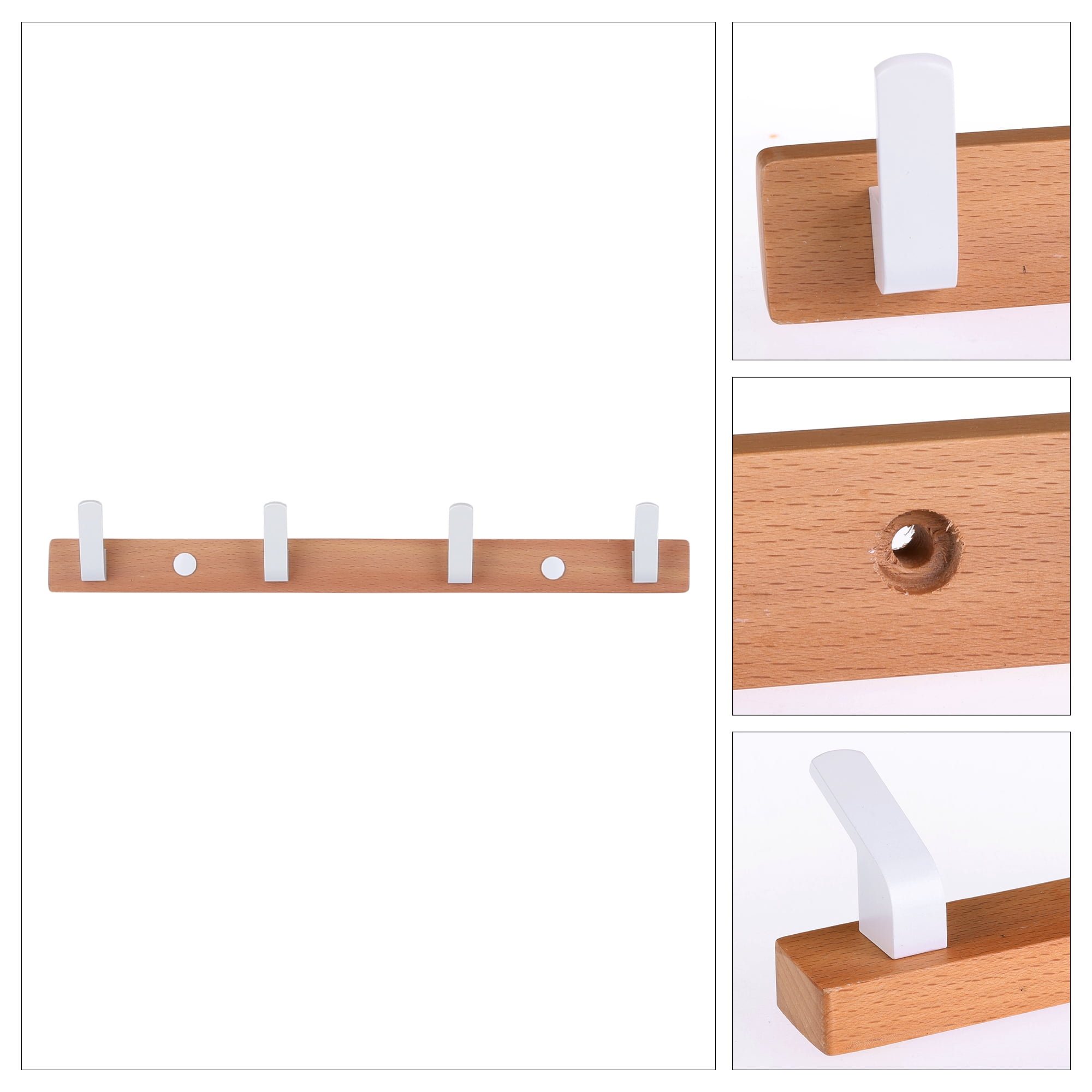 Unique Bargains Coat Rack Wall Mount Metal Wood Coat Hook for Hanging with 4 Hooks White