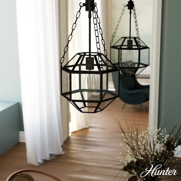 Hunter - Indria 1-light Rustic Iron, Medium Size Pendant Light, Dimmable, Geometric Shaped, for Bedrooms, Dining, Living Rooms - 19363