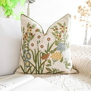 Fiona floral embroidery farmhouse linen cream color square throw pillow cover 18x18 (1 piece, cover only)