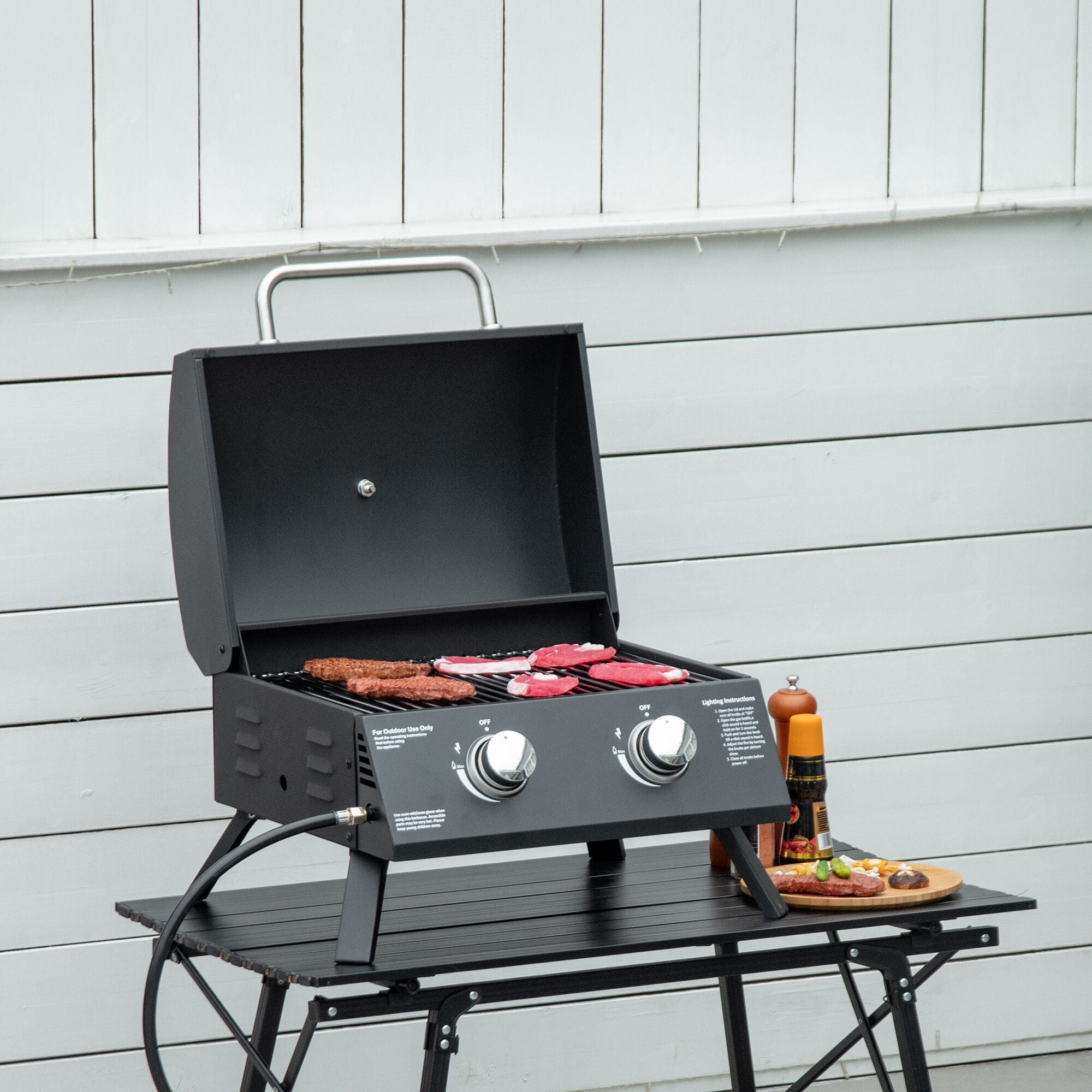 Outdoor Grill, 2 Burner Propane Gas Grill Outdoor Portable Tabletop BBQ with Foldable Legs, Lid, Thermometer for Camping, Picnic, Backyard, Black, Black BBQ Grill,Carbon Steel Tabletop Grill