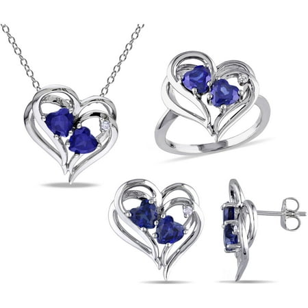 Tangelo 4-3/5 Carat T.G.W. Created Blue Sapphire with Diamond-Accent Sterling Silver Heart Design Pendant, Ring and Earrings Set, 18