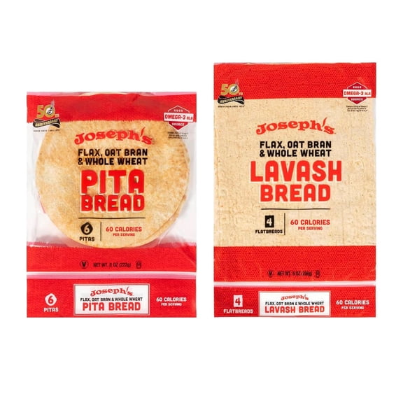 Value Variety Bundle, Flax Oat Bran Whole Wheat Lavash Bread (4 Lavash Squares Total) and Pita Bread (6 Pita Loaves Total), Baked