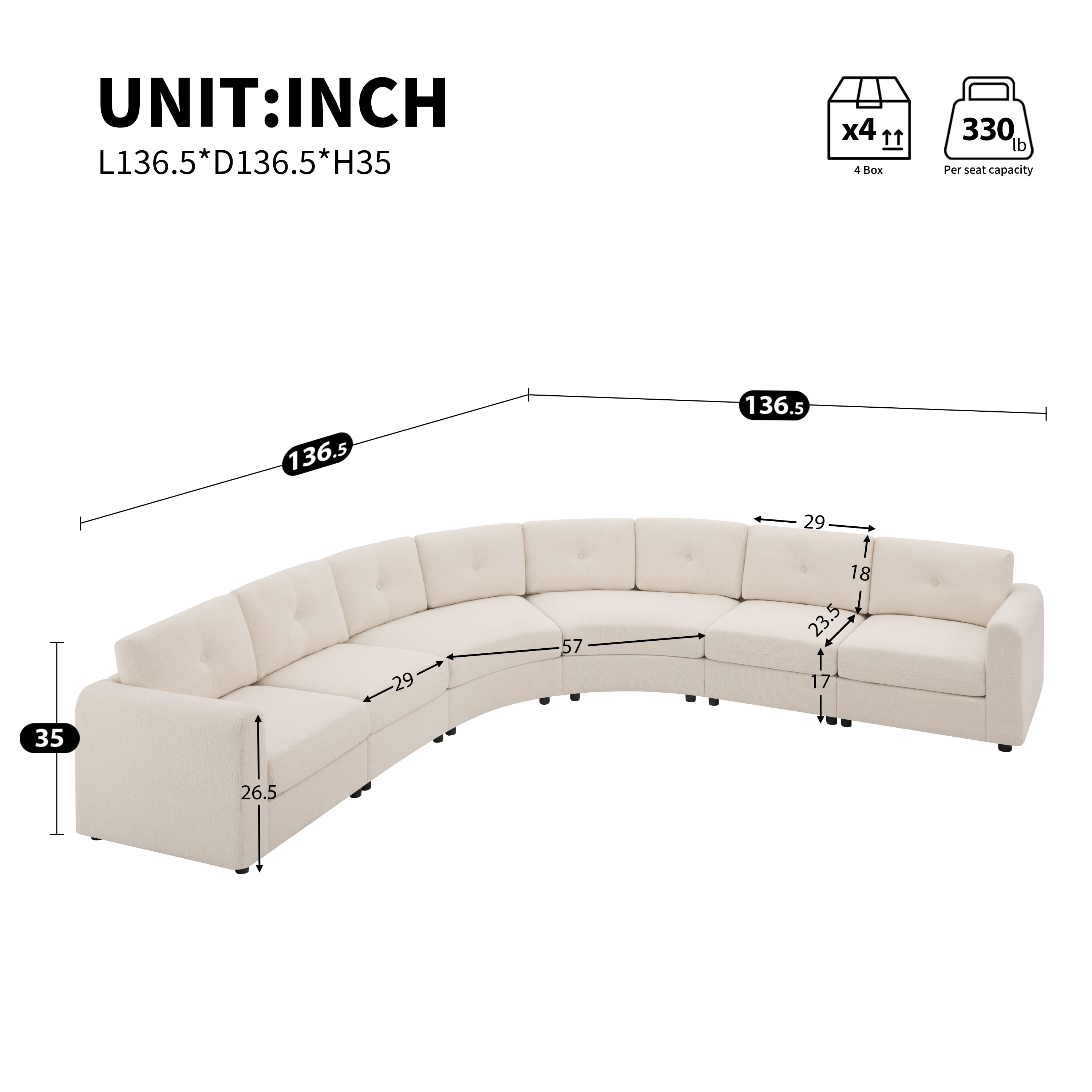 GARITIN 6 Piece Modular Curved Sectional Sofa 136.5 Inch, Upholstered Boucle Couch with Button Tufted Back for Living Room, Beige