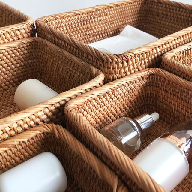 Picnic Basket Hand-woven Rattan Multipurpose Sundries Boxes Candy Fruit Snack Bread Biscuit Storage Box Household Kitchen M/25*17*8CM